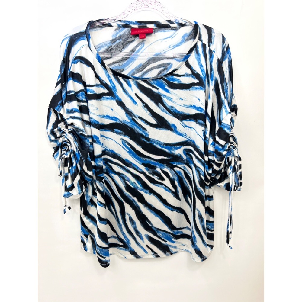 Jennifer Lopez Blue Black White Ruched Tie Sleeve Top Blouse Womans X-Large